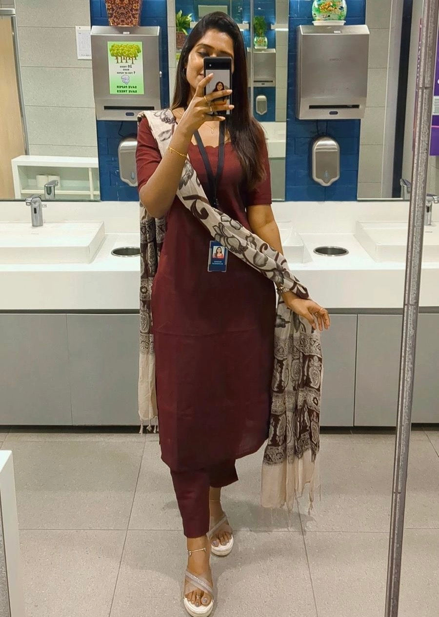 Maroon Cotton Kurti Set with Printed Dupatta