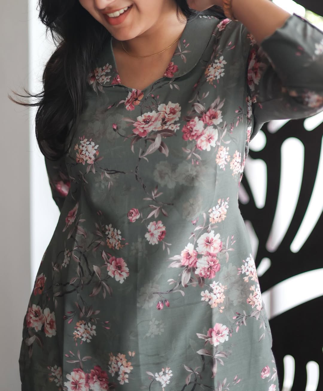 Premium Grey Flower Cotton Kurti