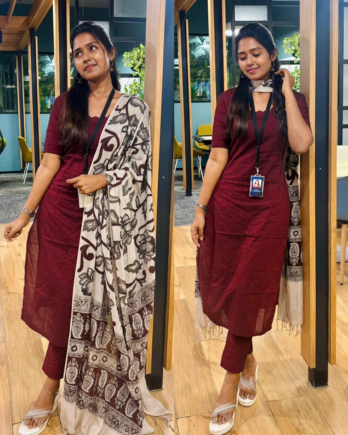 Maroon Cotton Kurti Set with Printed Dupatta