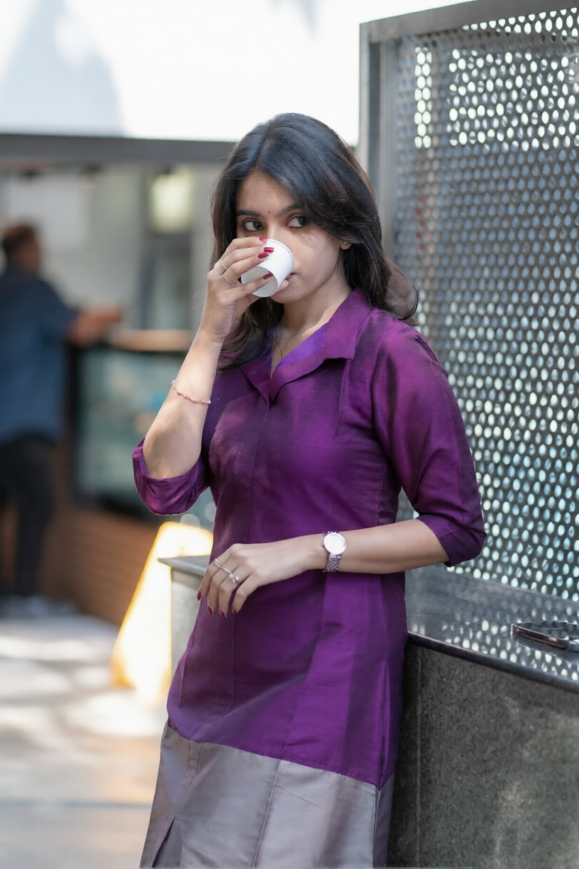 Premium Purple and Grey Cotton Kurti Set(Kurti with Pent)