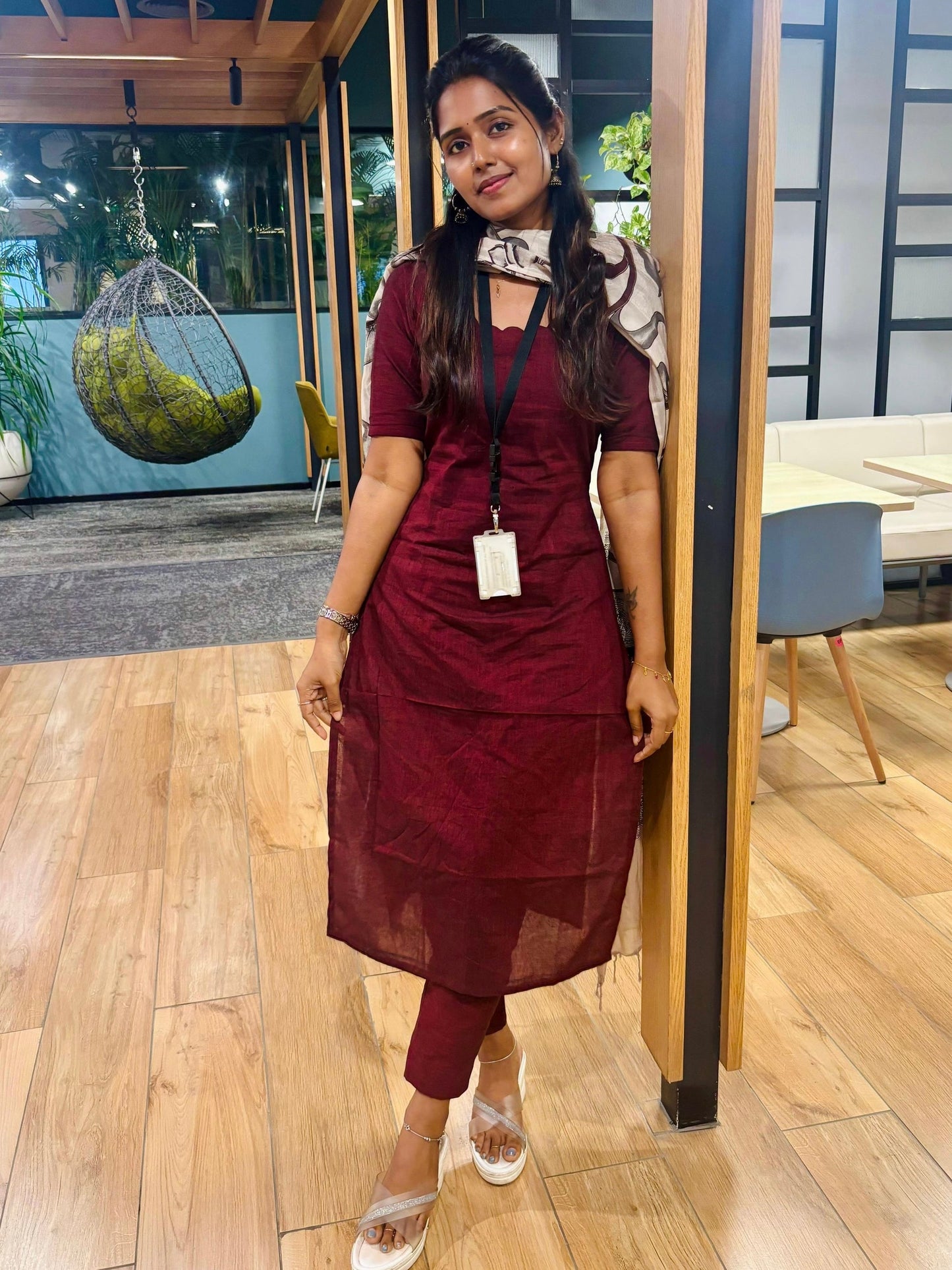 Maroon Cotton Kurti Set with Printed Dupatta