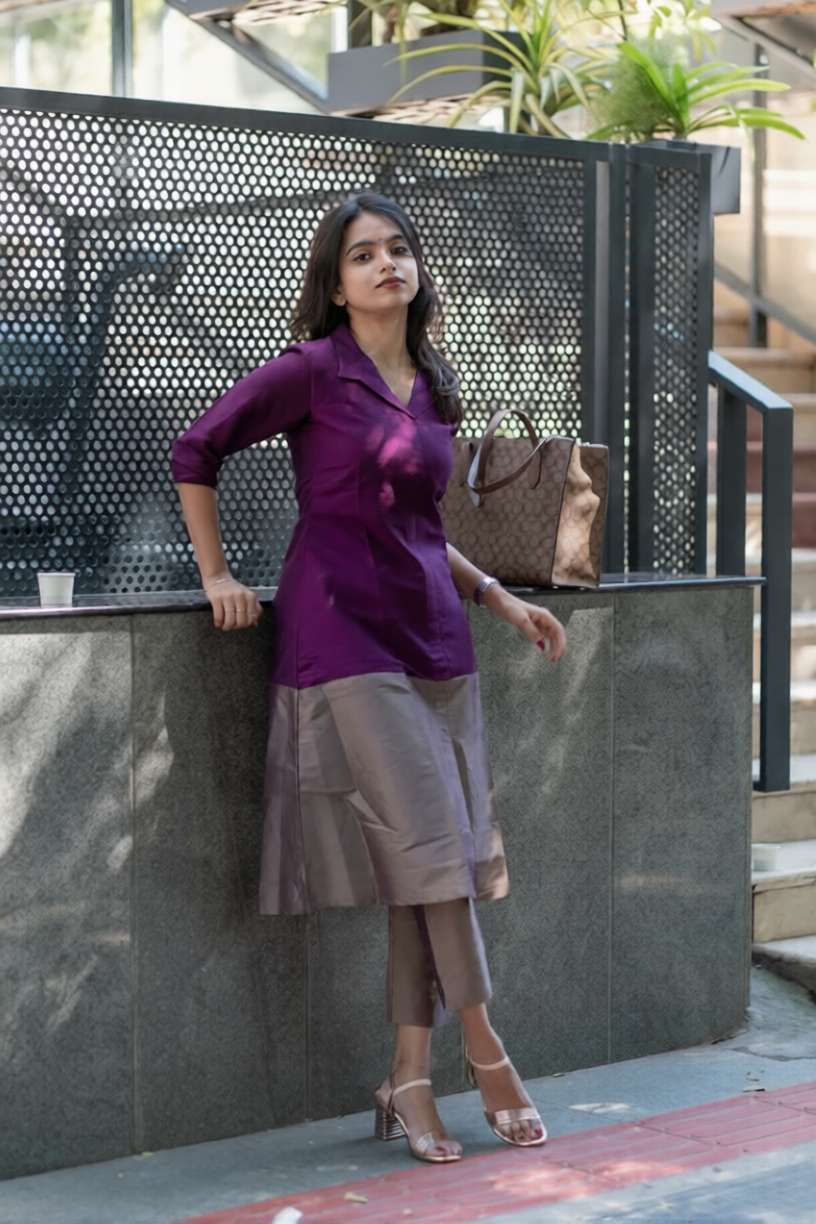 Premium Purple and Grey Cotton Kurti Set(Kurti with Pent)