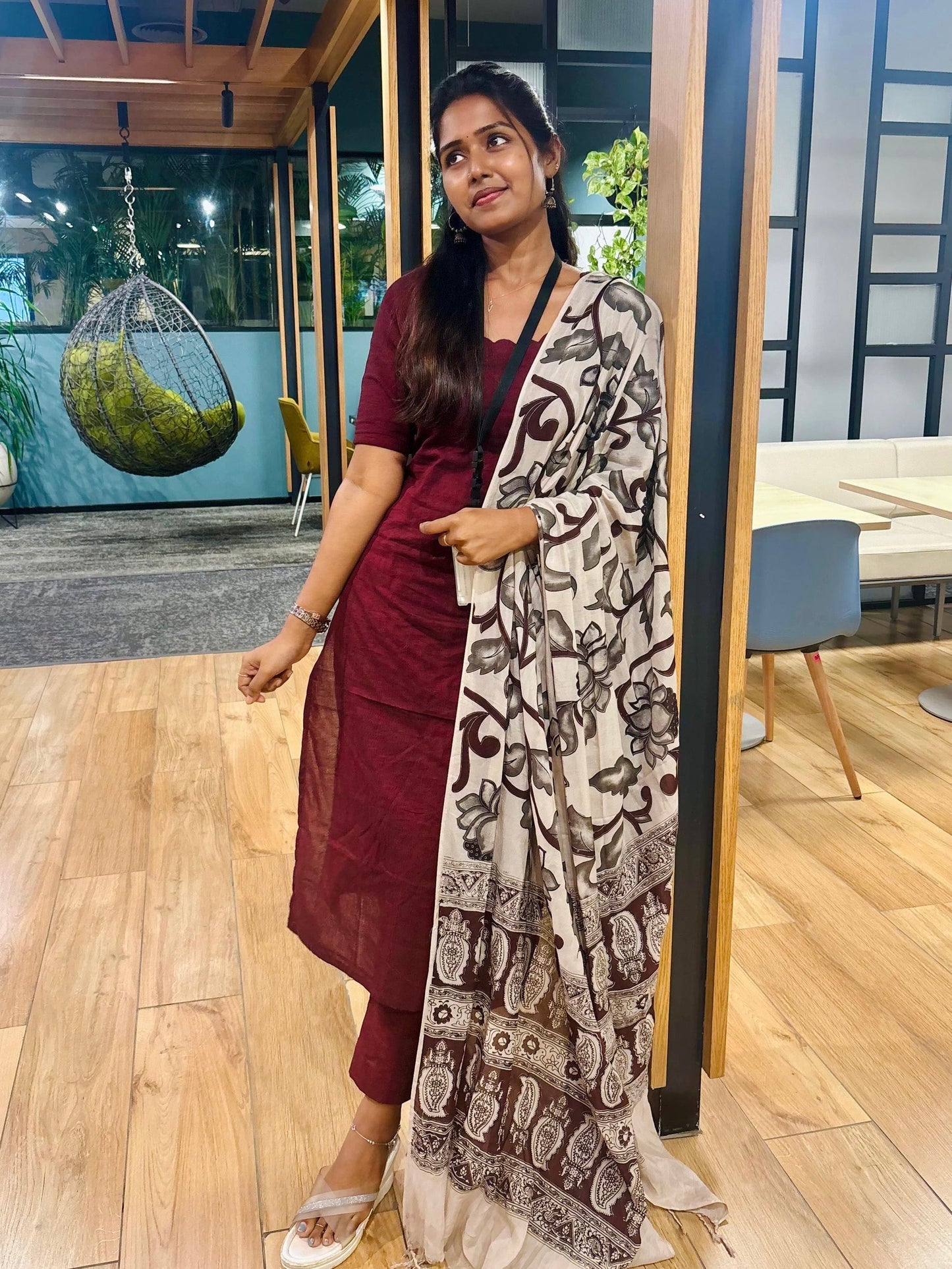 Maroon Cotton Kurti Set with Printed Dupatta
