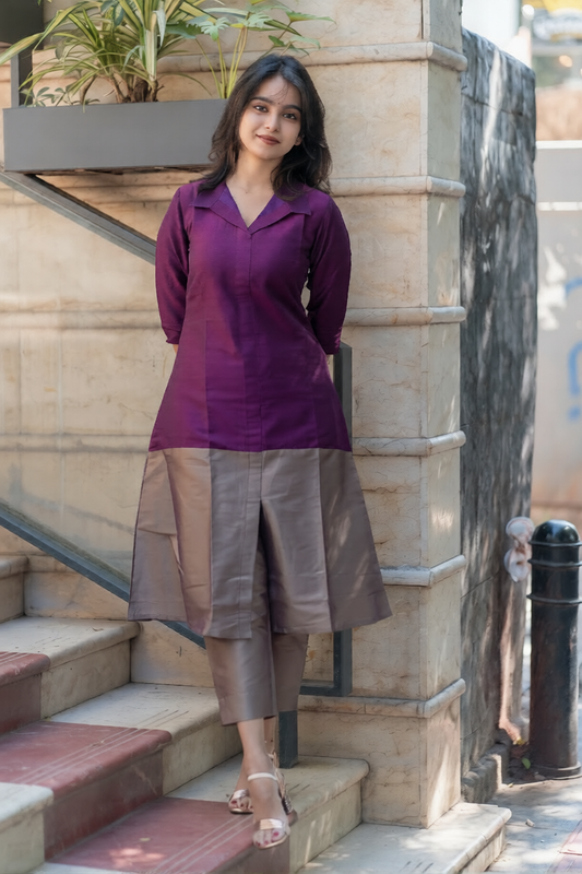 Premium Purple and Grey Cotton Kurti Set(Kurti with Pent)