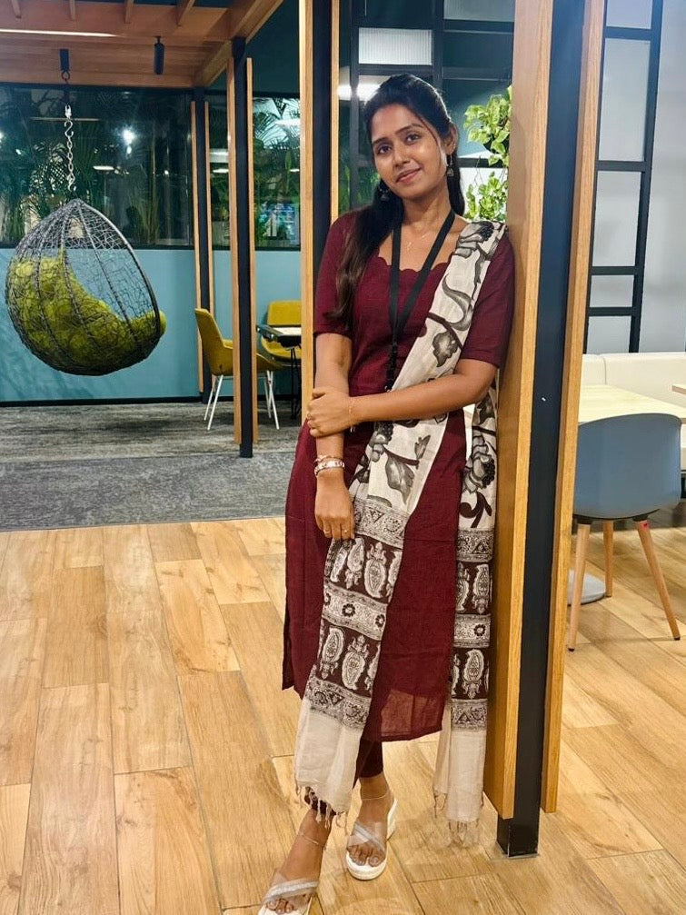 Maroon Cotton Kurti Set with Printed Dupatta