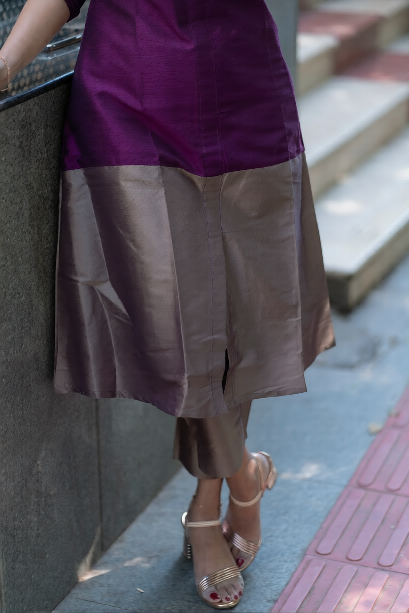 Premium Purple and Grey Cotton Kurti Set(Kurti with Pent)