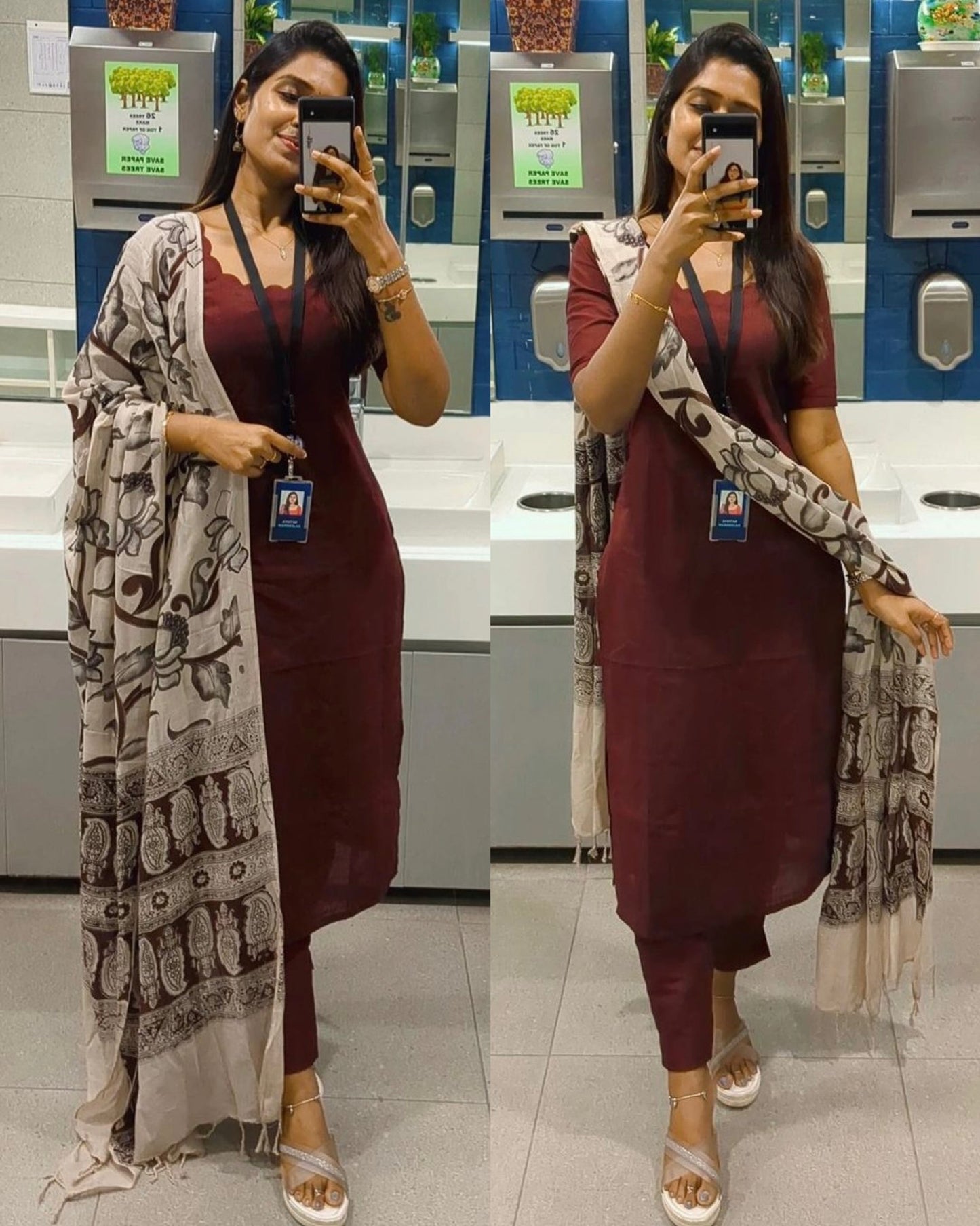 Maroon Cotton Kurti Set with Printed Dupatta