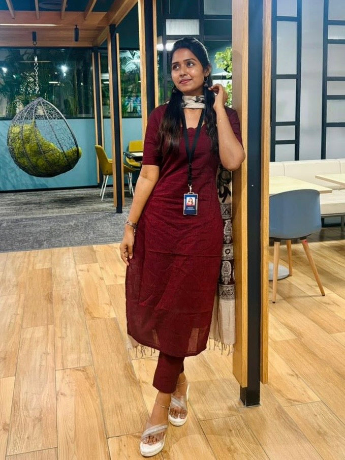 Maroon Cotton Kurti Set with Printed Dupatta