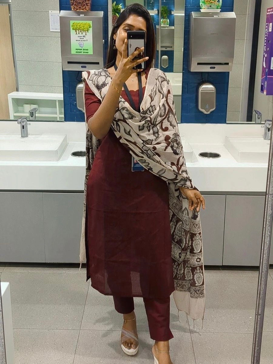 Maroon Cotton Kurti Set with Printed Dupatta