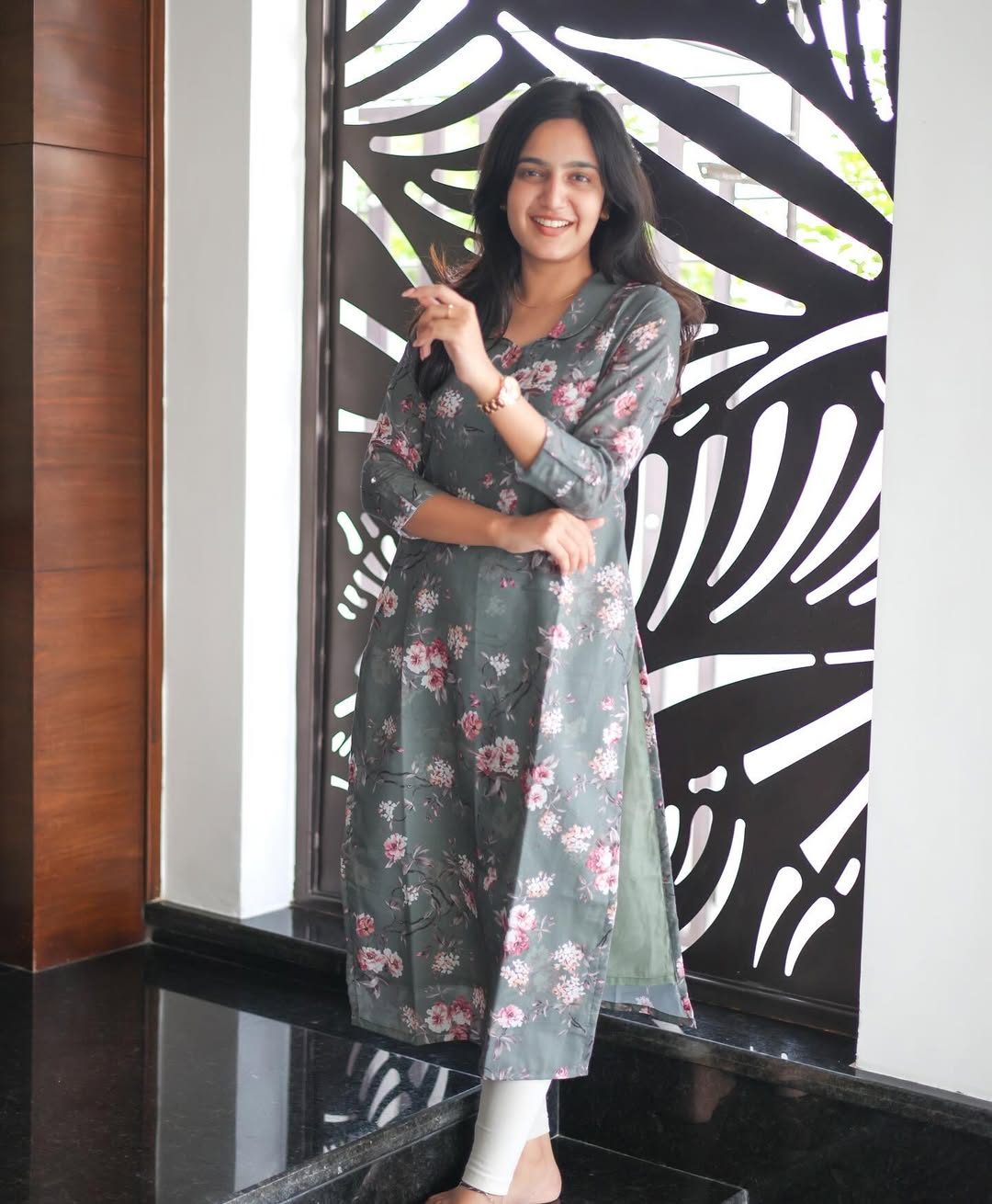 Premium Grey Flower Cotton Kurti