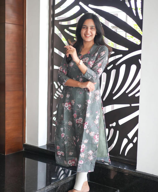 Premium Grey Flower Cotton Kurti