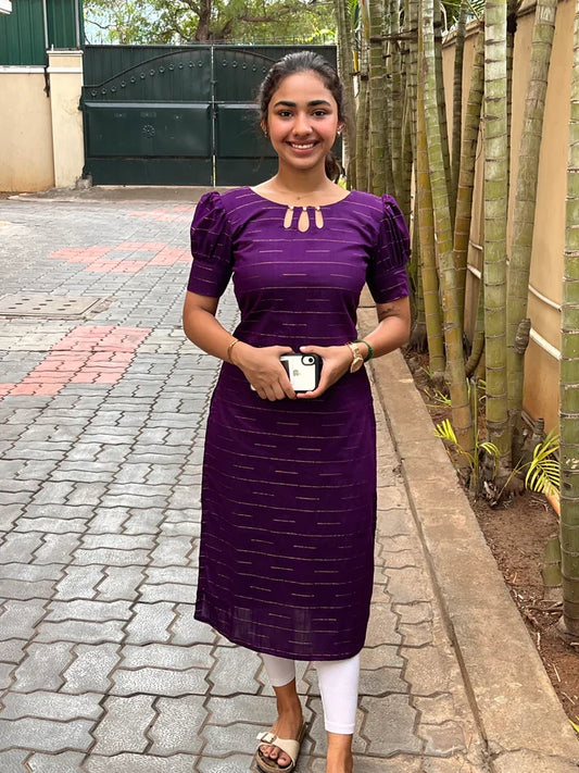 Royal Purple Cotton Kurti with Puff Sleeves