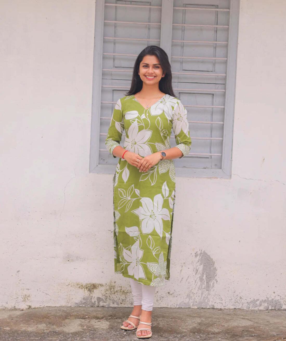 Elegant Leaf Green Cotton Kurti
